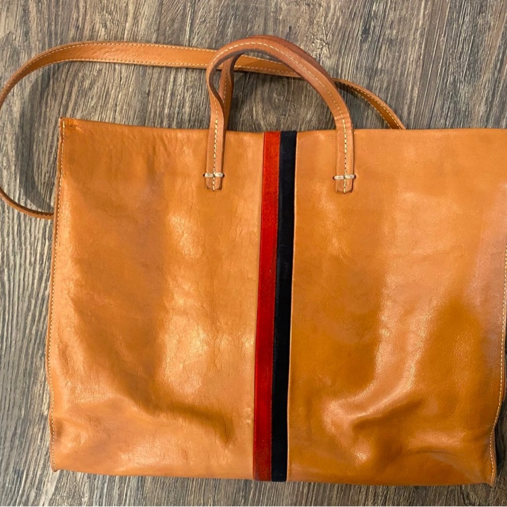 Clare V Tan Leather Tote Bag with Striped Detail